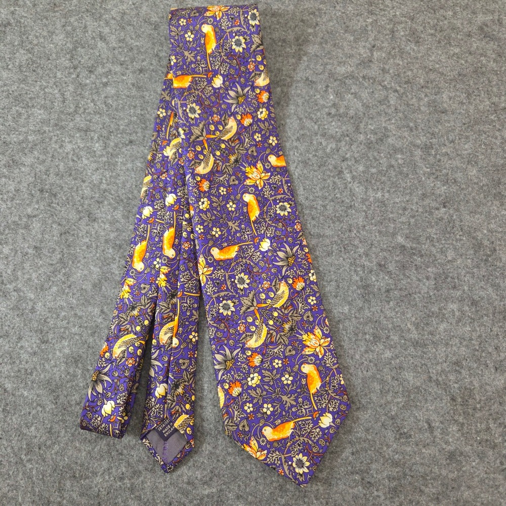 Vintage Liberty of London Silk Tie Birds Floral Purple Orange Made England